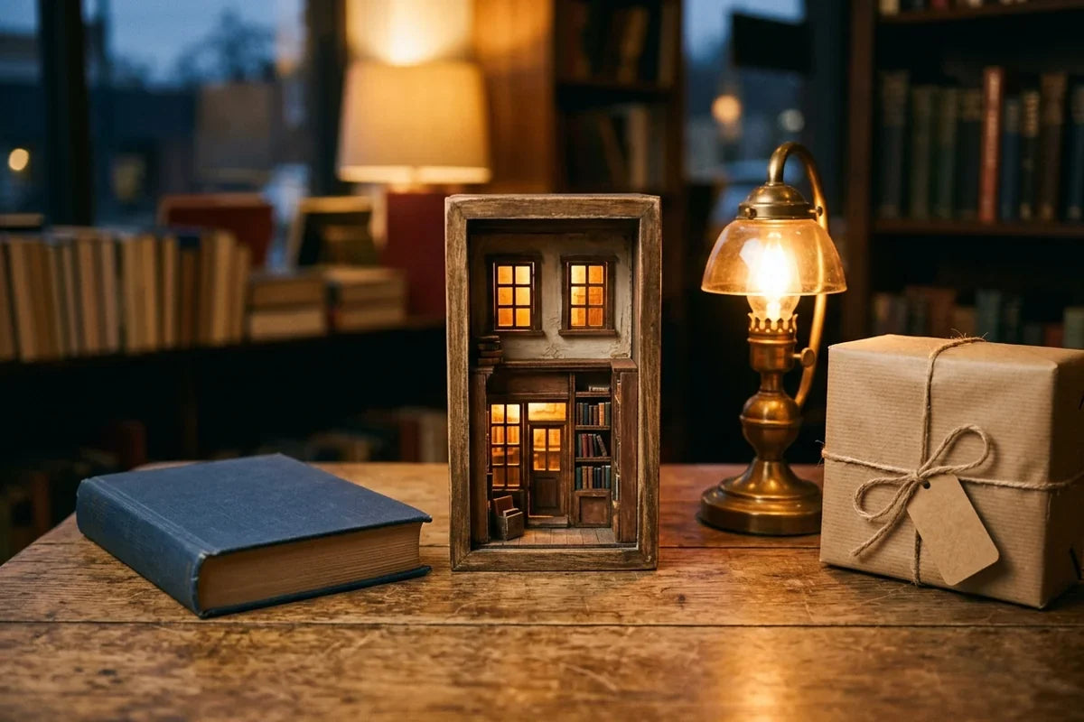A lit miniature bookshop diorama beside a blue hardcover, a brass reading lamp, and a kraft-paper gift on a wooden table