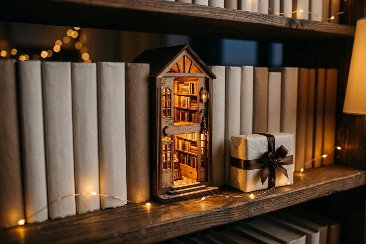 A lit miniature bookshop diorama glowing between hardcover books on a wooden shelf, with a wrapped Christmas gift and warm string lights nearby
