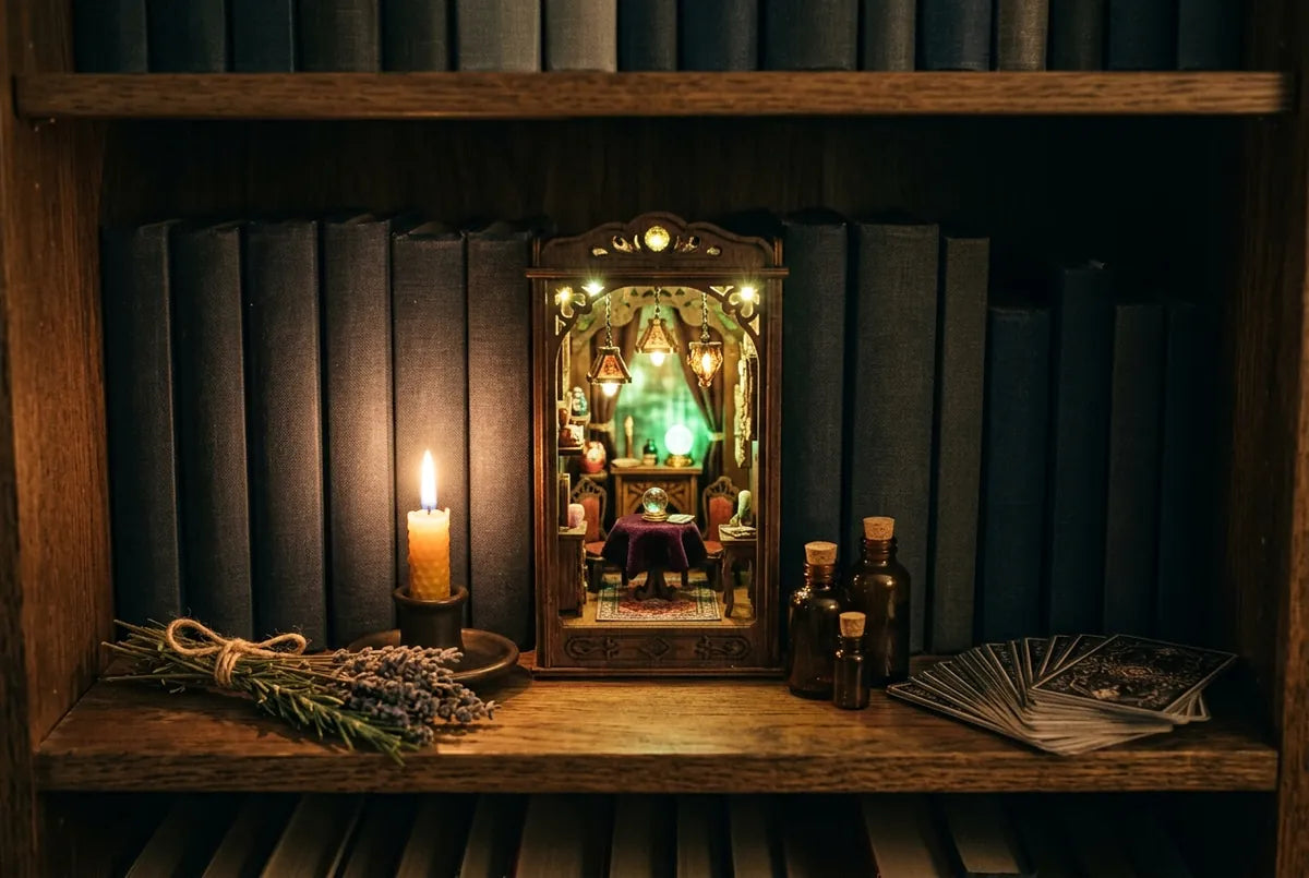 A lit miniature fortune-teller's parlor glowing green between dark hardcover books on a wooden shelf, beside a beeswax candle, dried lavender, amber apothecary bottles and a fanned tarot deck