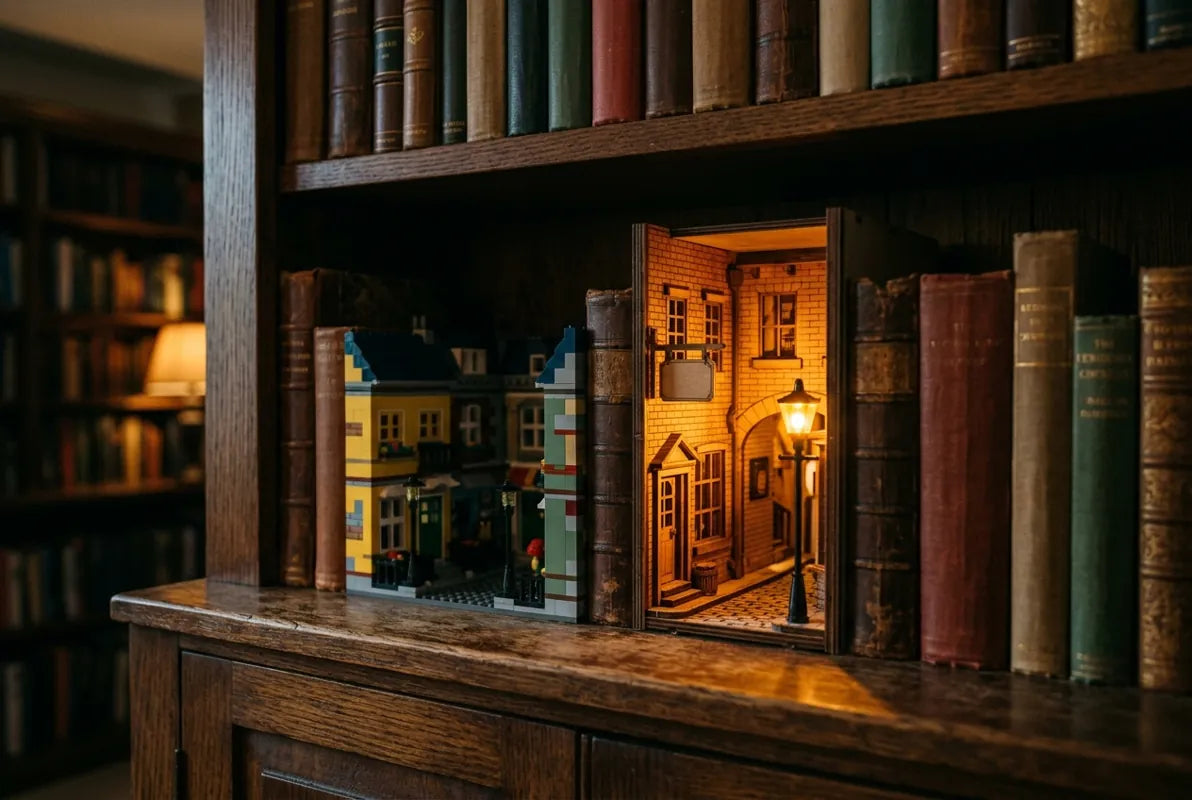 A brick-built street scene and a lit wooden London alley book nook side by side on a dark wooden bookshelf between old hardcovers