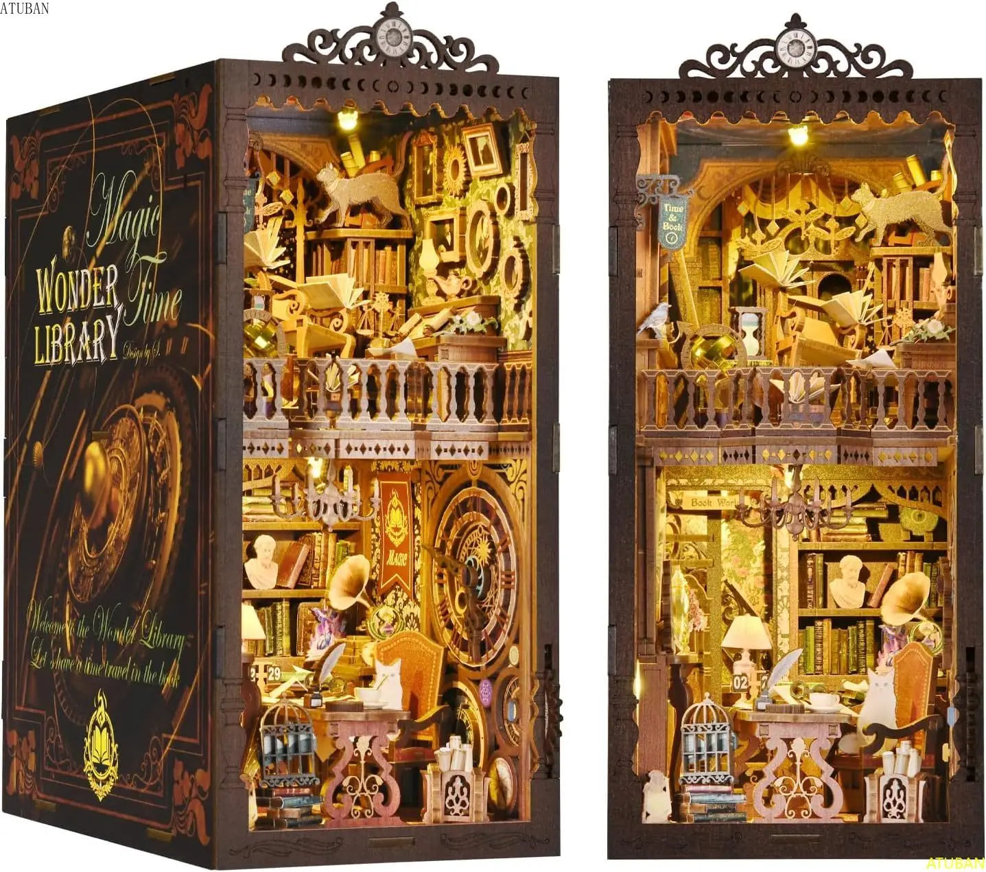 Wonder Library Book Nook Kit | Vintage Library Wooden Diorama with Lights