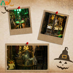 Tarot Divination Society close-up details: fortune-telling table, lantern-lit gate and a robed figure with owl