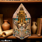 Hall of Eternity book nook lit on a wooden shelf between clay pots and old books, showing both nameplates