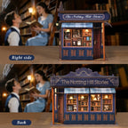 Notting Hill Bookstore book nook shown from the right side and the back, each with a lit shelf display