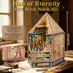 Hall of Eternity book nook infographic listing 3-5 hour assembly, 233 pieces, touch switch and 24.7x21x14.5cm size