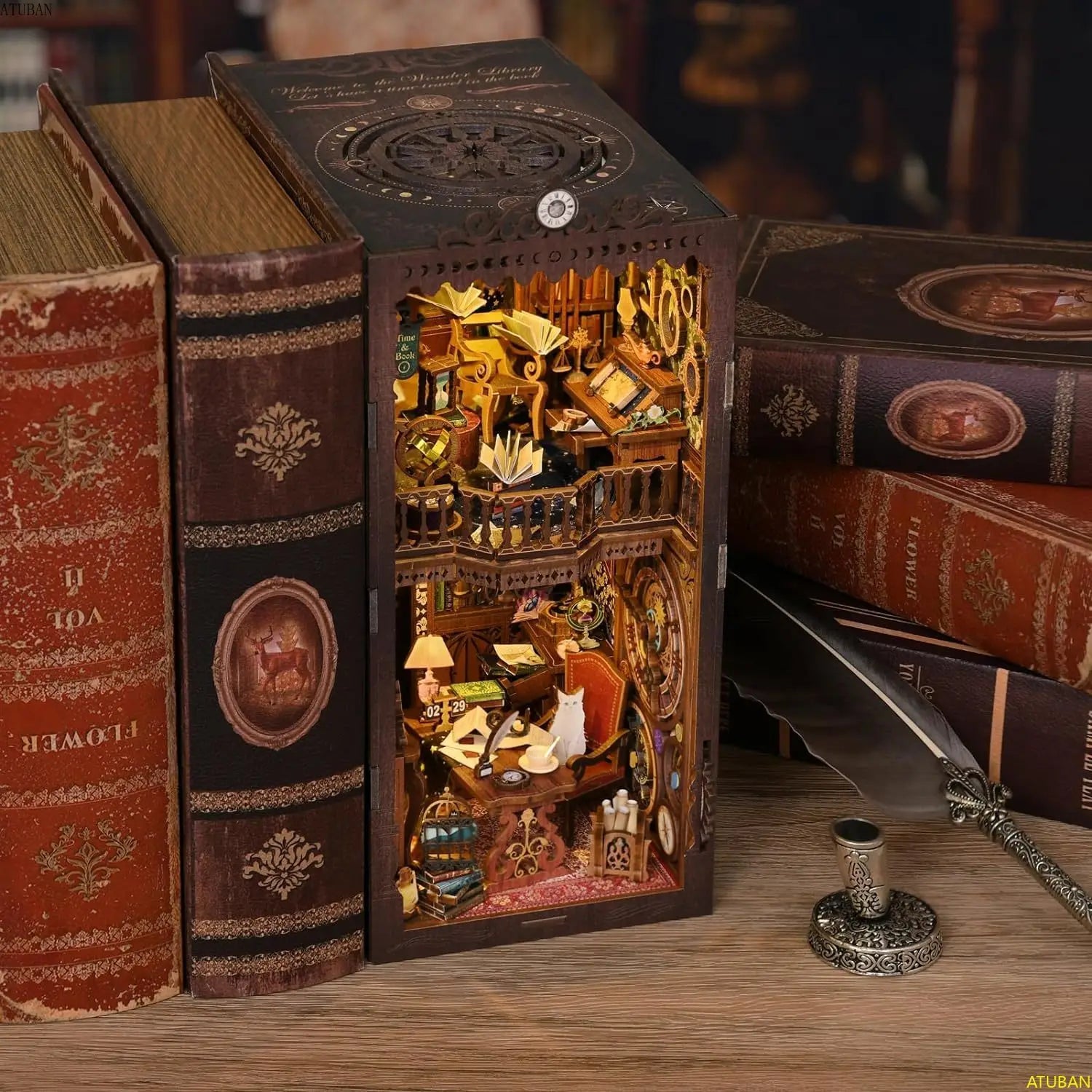 Wonder Library Book Nook Kit | Vintage Library Wooden Diorama with Lights