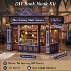 Notting Hill Bookstore book nook lit at night, dimensions 23.85 x 17.75 x 20.35cm, 522 pieces