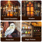 Magic Academy detail shots: crystal chandelier, stained glass window, an owl figure and potion bottles on a shelf
