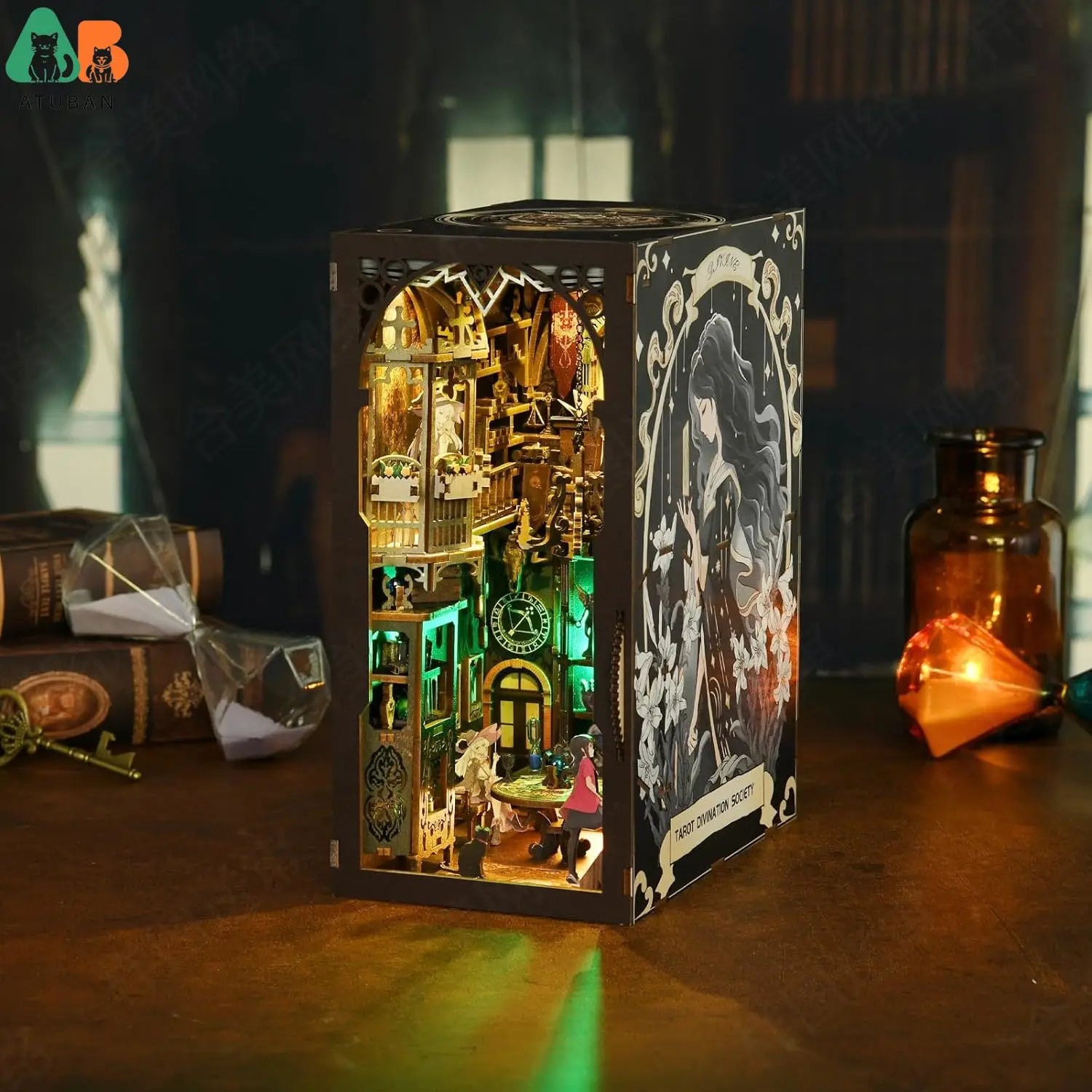 Tarot Divination Society Book Nook Kit | Witchy Halloween Diorama with Lights