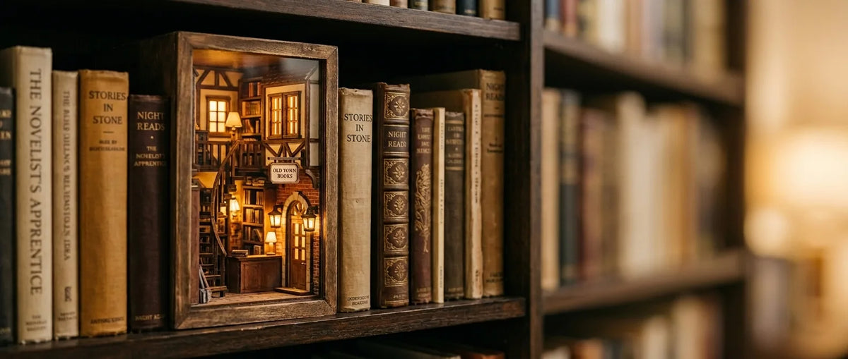 A lit miniature bookshop book nook glowing between old hardcovers on a wooden shelf